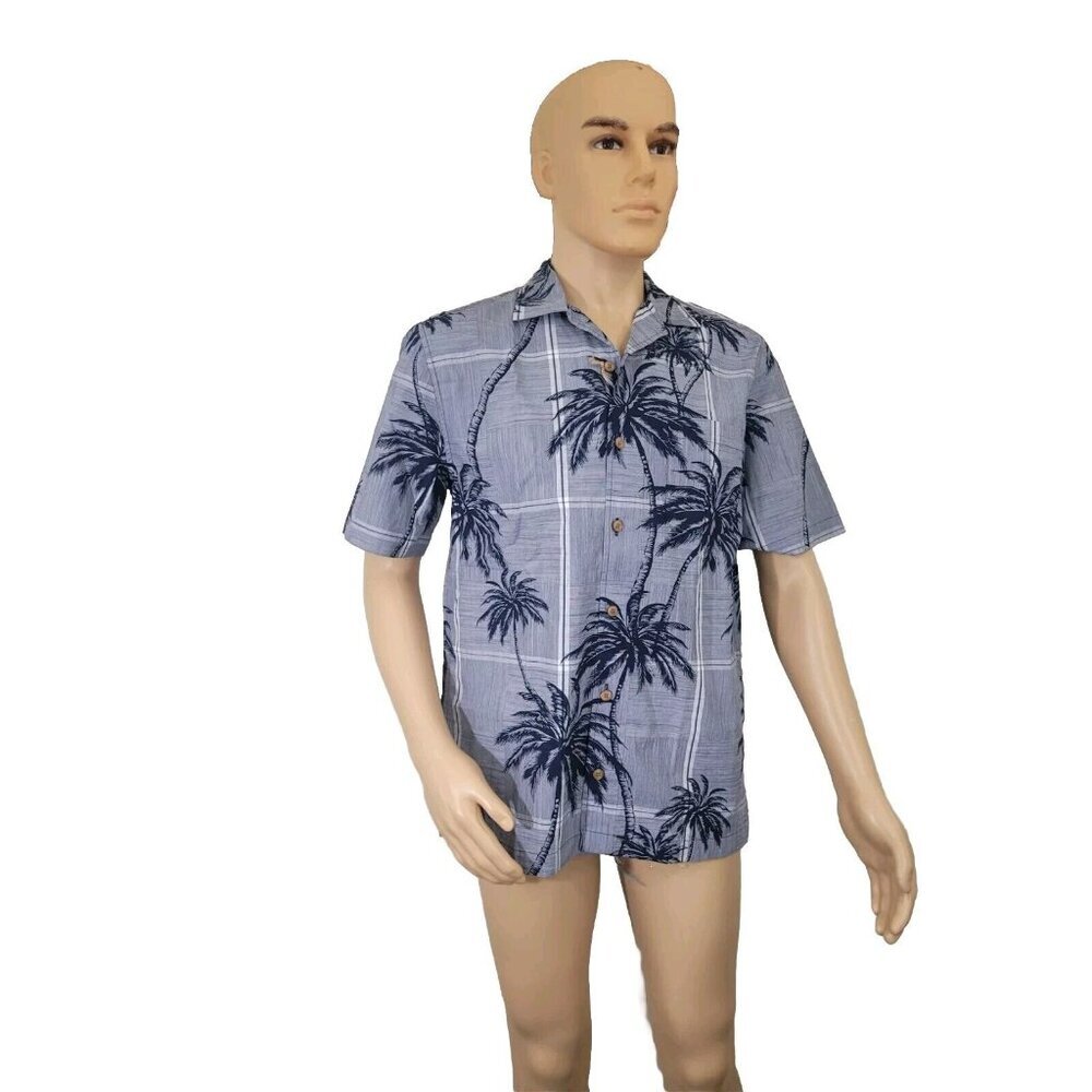Caribbean Men's Shirt Size S Hawaiian Short Sleeve Gray Navy Palm Trees NWT 36